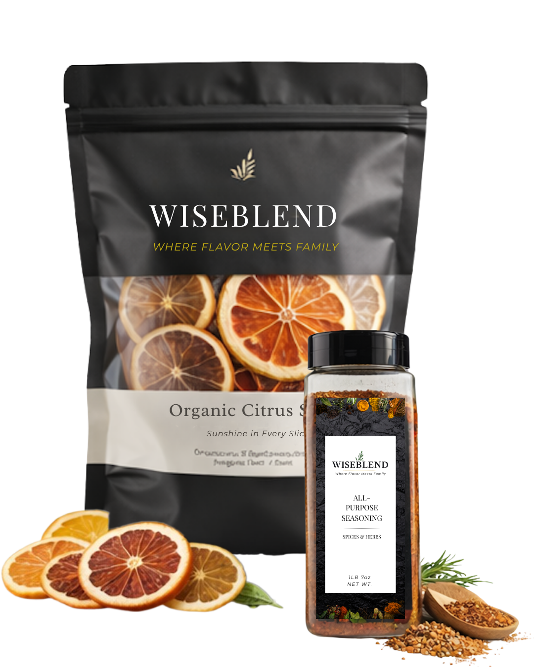 Wiseblend organic citrus spice package and all-purpose seasoning jar with dried oranges and spices on a white background