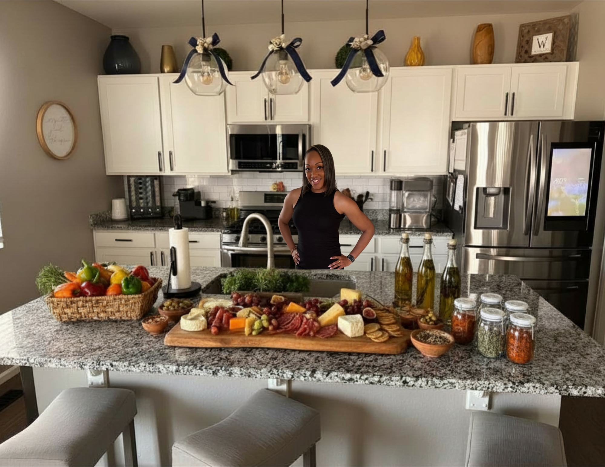 Woman standing in a modern kitchen with a charcuterie board and various items on the counter.