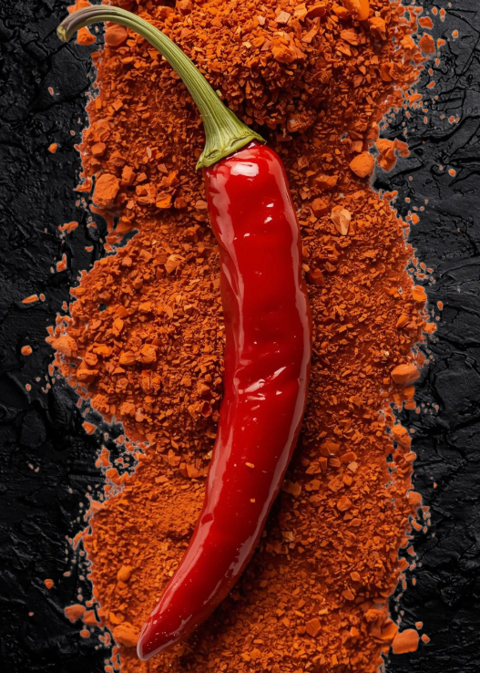Red chili pepper on a pile of red powder against a black background