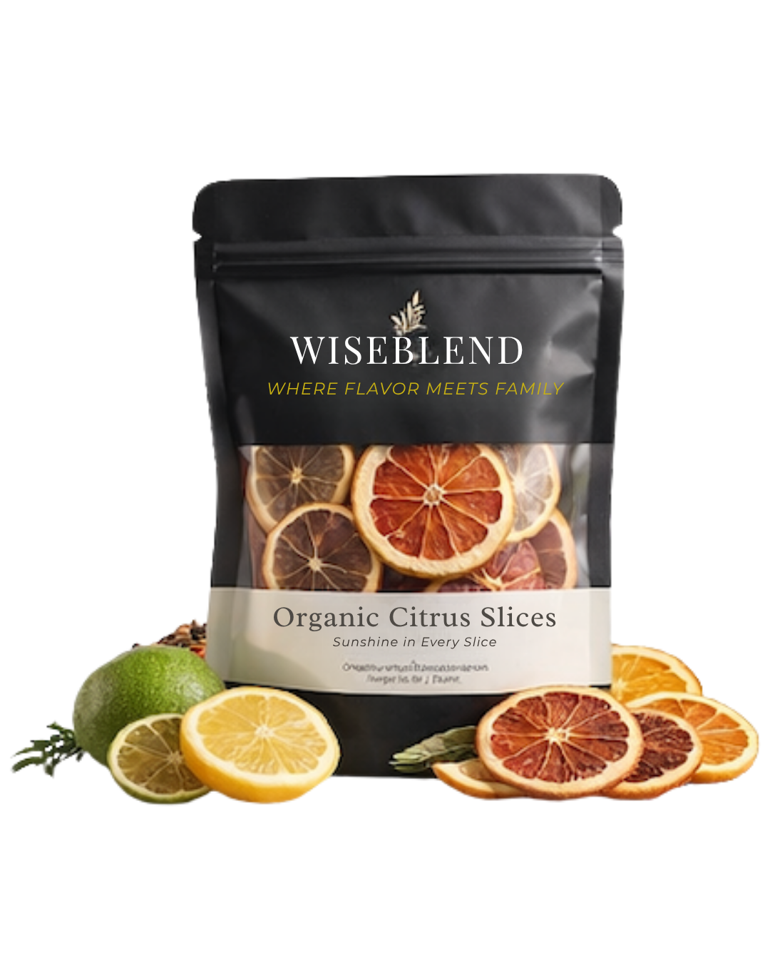 Wiseblend organic citrus slices packaging with citrus fruits on a white background