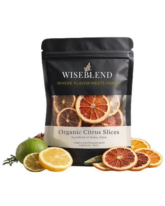 Wiseblend organic citrus slices packaging with citrus fruits on a white background