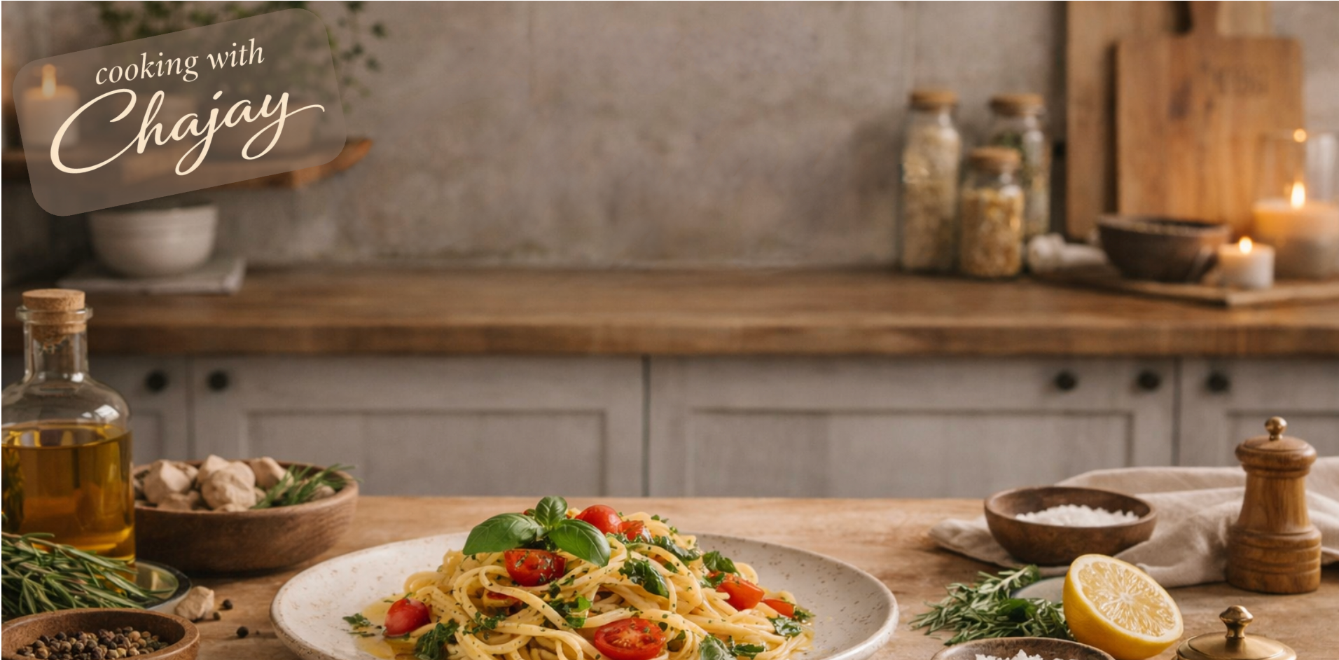 Noodle dish with vegetables on a plate in a kitchen setting, featuring 'cooking with Chajay' text.