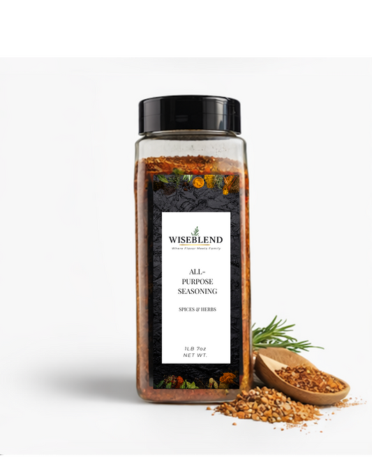 Wiseblend all-purpose seasoning jar with a spoonful of seasoning on a white background