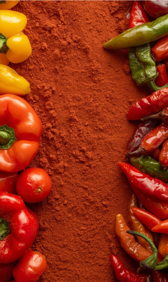 Assorted peppers arranged around a line of red chili powder.