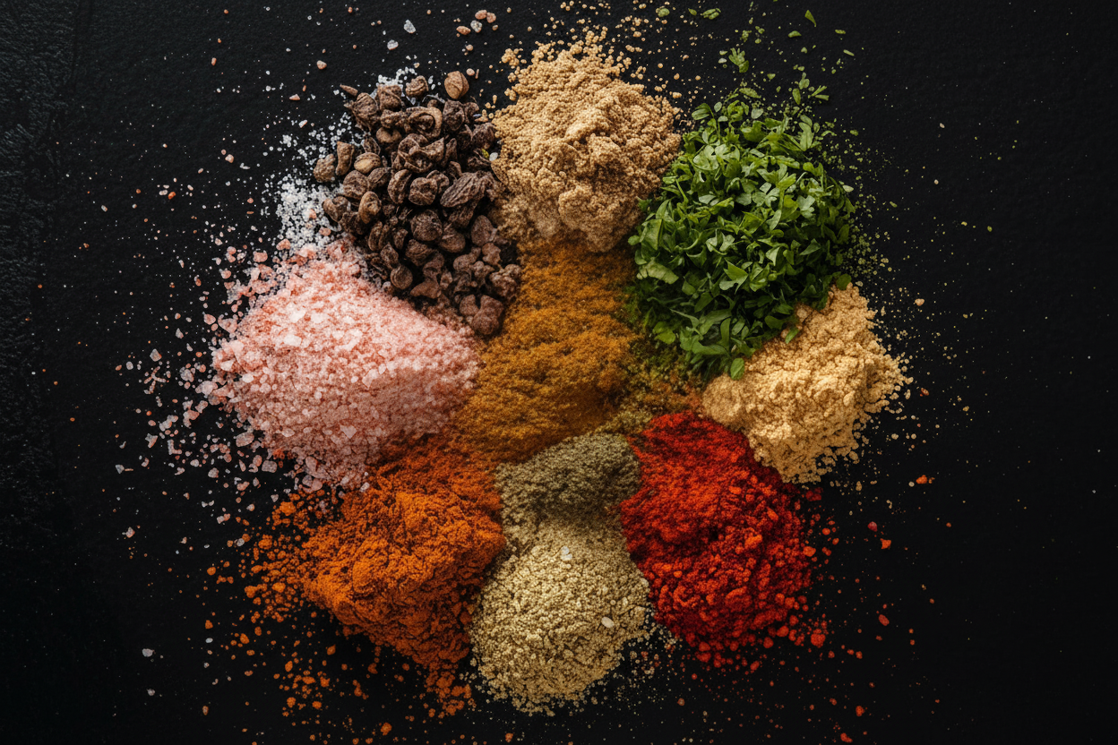 Spices including pepper, parsley, salt, garlic, chili, paprika, and onion on a black background with labels.