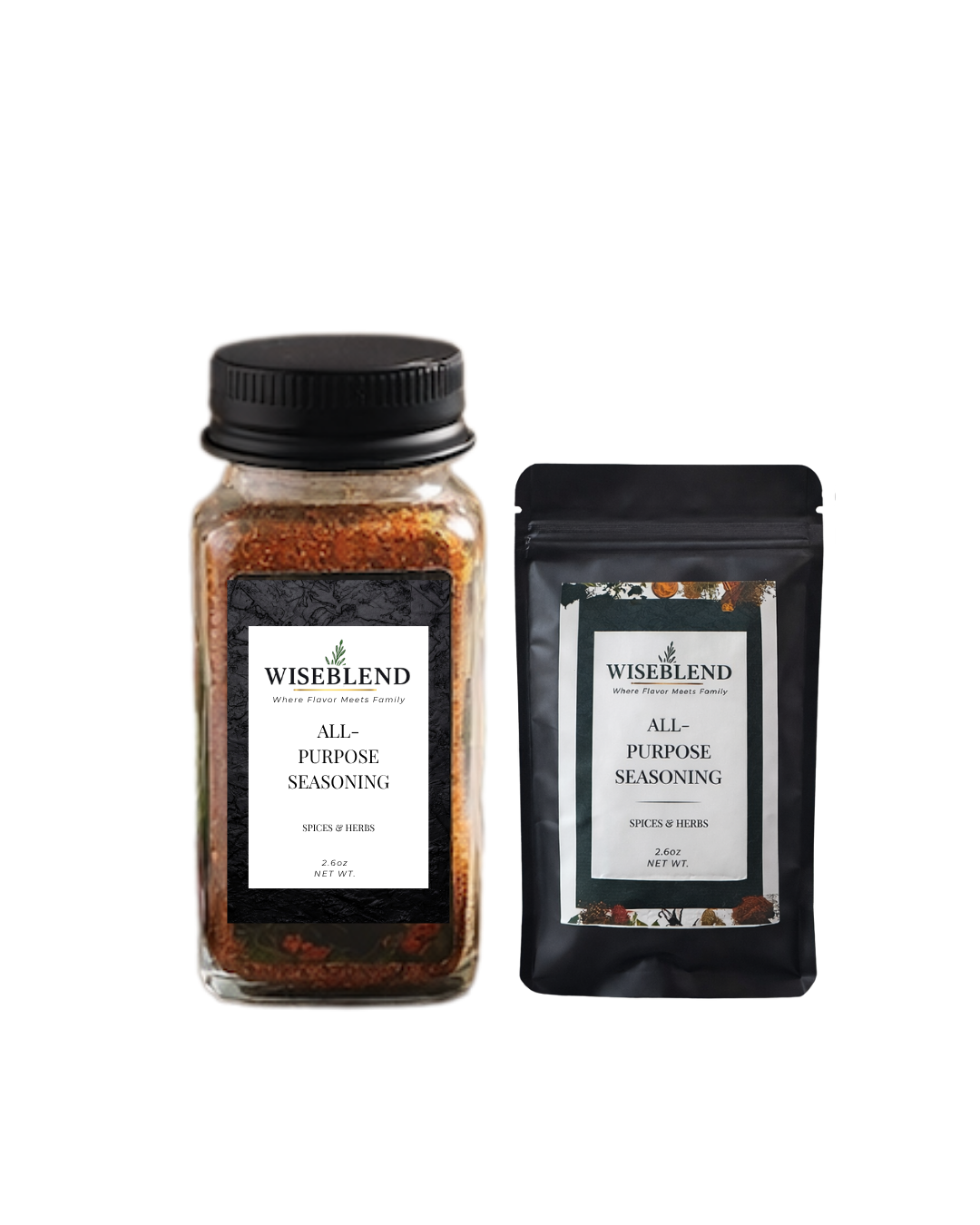 Wiseblend all-purpose seasoning jar and packet on a white background