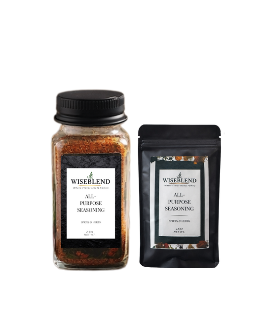 Wiseblend all-purpose seasoning jar and packet on a white background