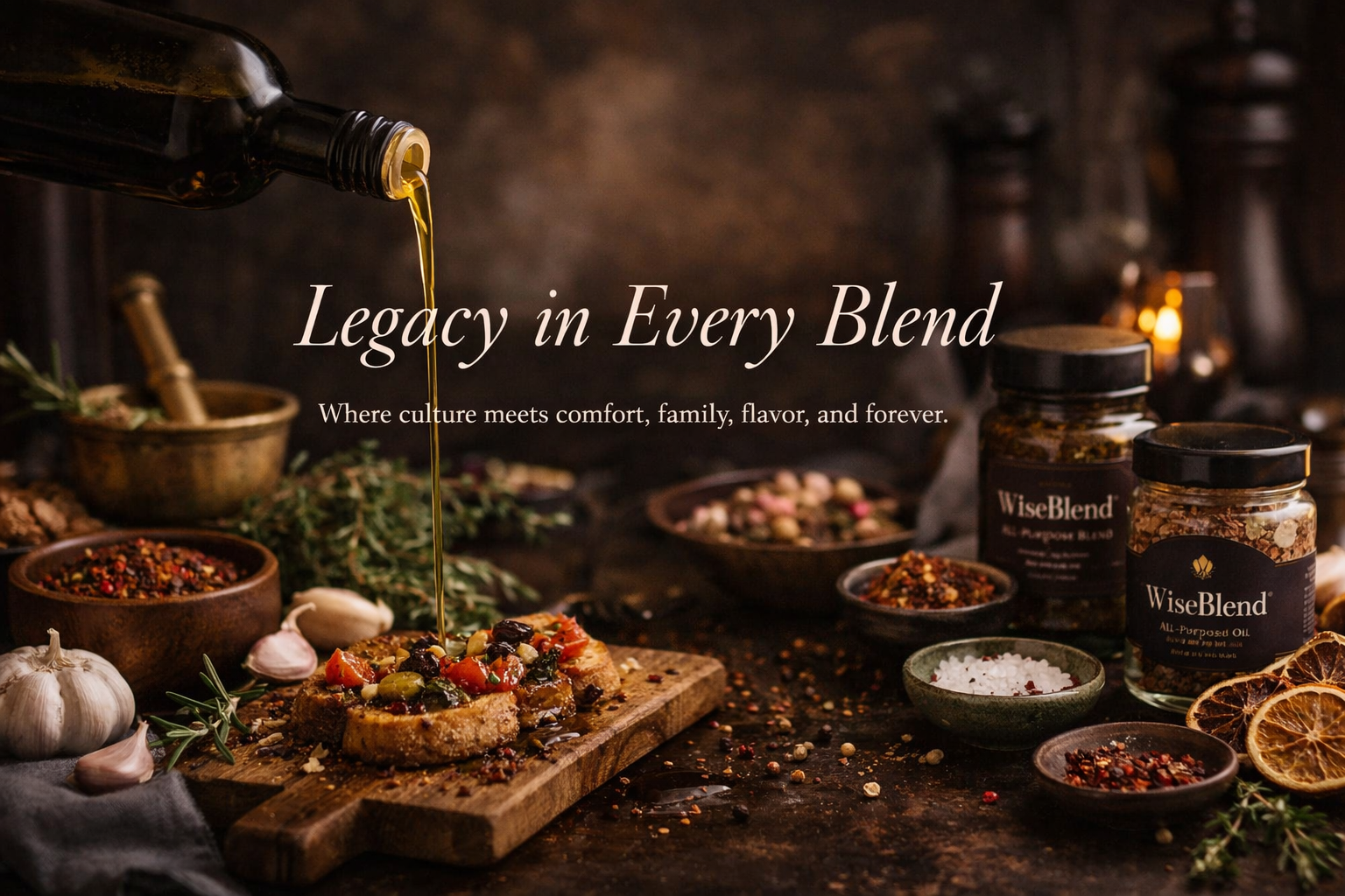 Table setting with WiseBlend products and text 'Legacy in Every Blend' on a dark background.