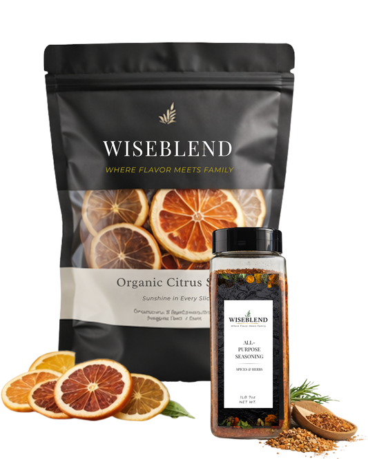 Wiseblend organic citrus spice package and all-purpose seasoning jar with dried oranges and spices on a white background