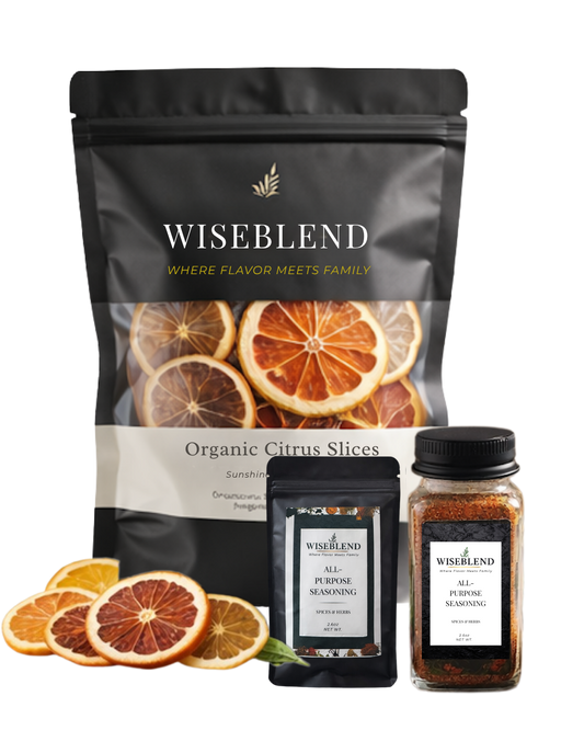 Wiseblend organic citrus slices packaging with additional seasoning products on a white background