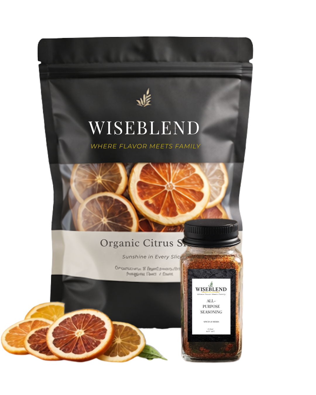Wiseblend organic citrus spice package with dried orange slices on a white background