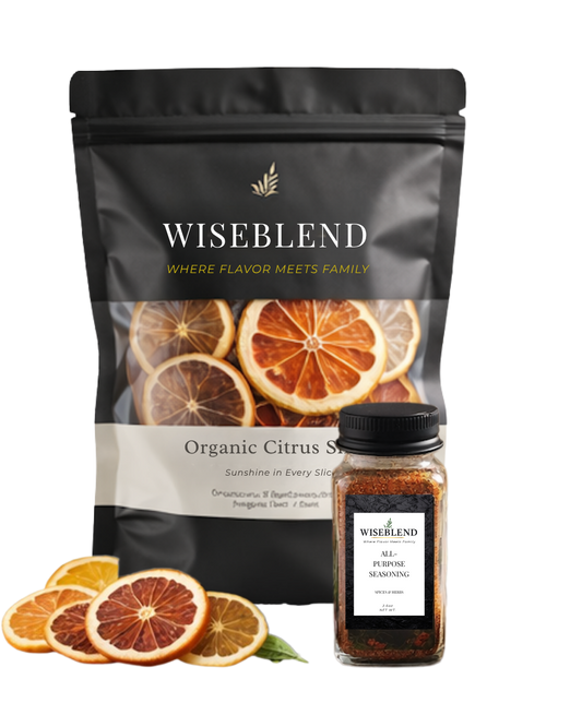 Wiseblend organic citrus spice package with dried orange slices on a white background
