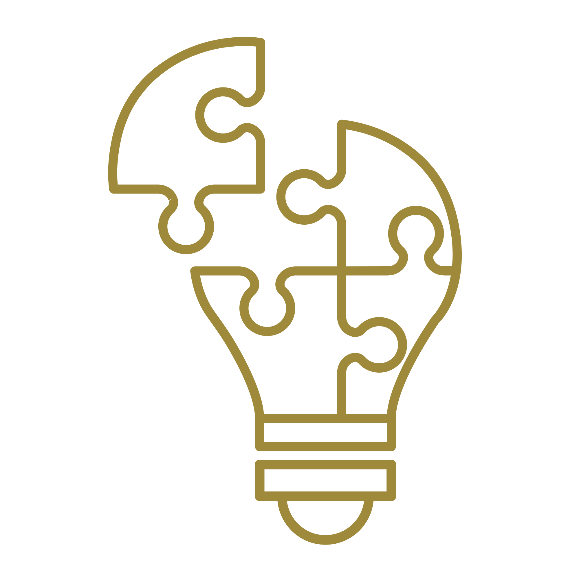 Gold puzzle piece light bulb icon on a white background