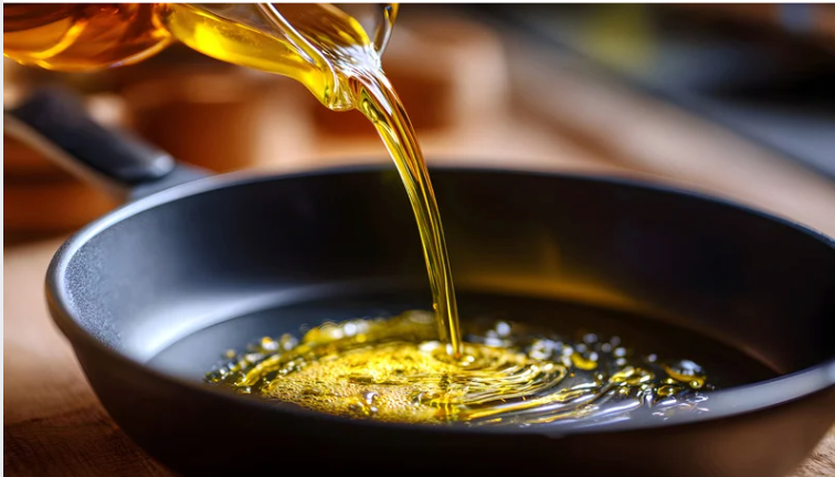 Oil being poured into a frying pan on a wooden surface